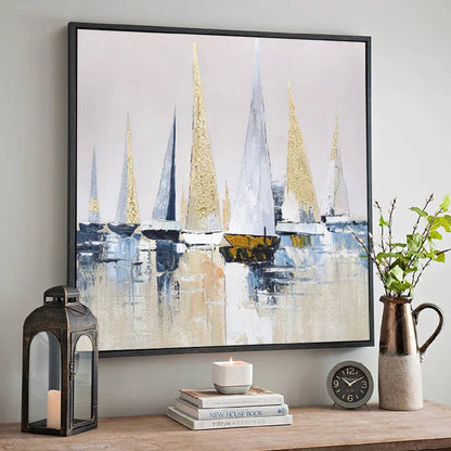 3D Gold Foil Textured Sea Sailboats Canvas Artwork