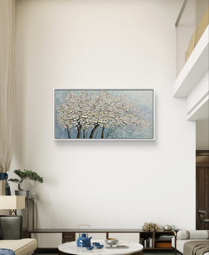 Pittura a olio dell'albero di fiori di ciliegio bianco strutturato 3D
