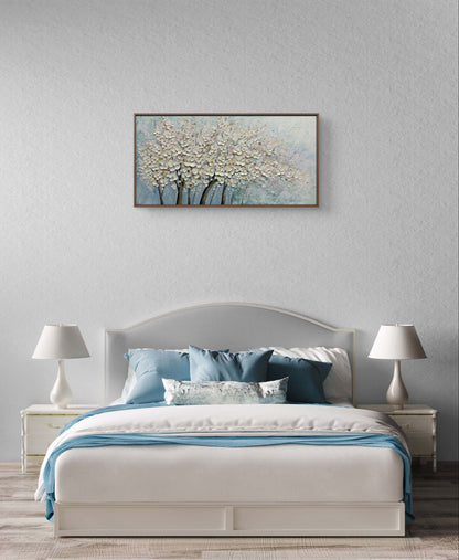 Pittura a olio dell'albero di fiori di ciliegio bianco strutturato 3D