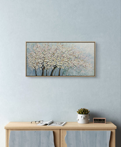 Pittura a olio dell'albero di fiori di ciliegio bianco strutturato 3D