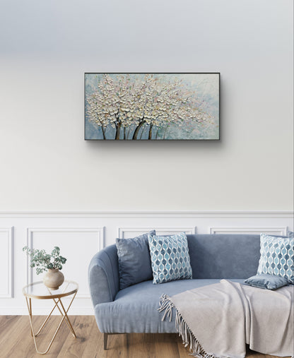 Pittura a olio dell'albero di fiori di ciliegio bianco strutturato 3D