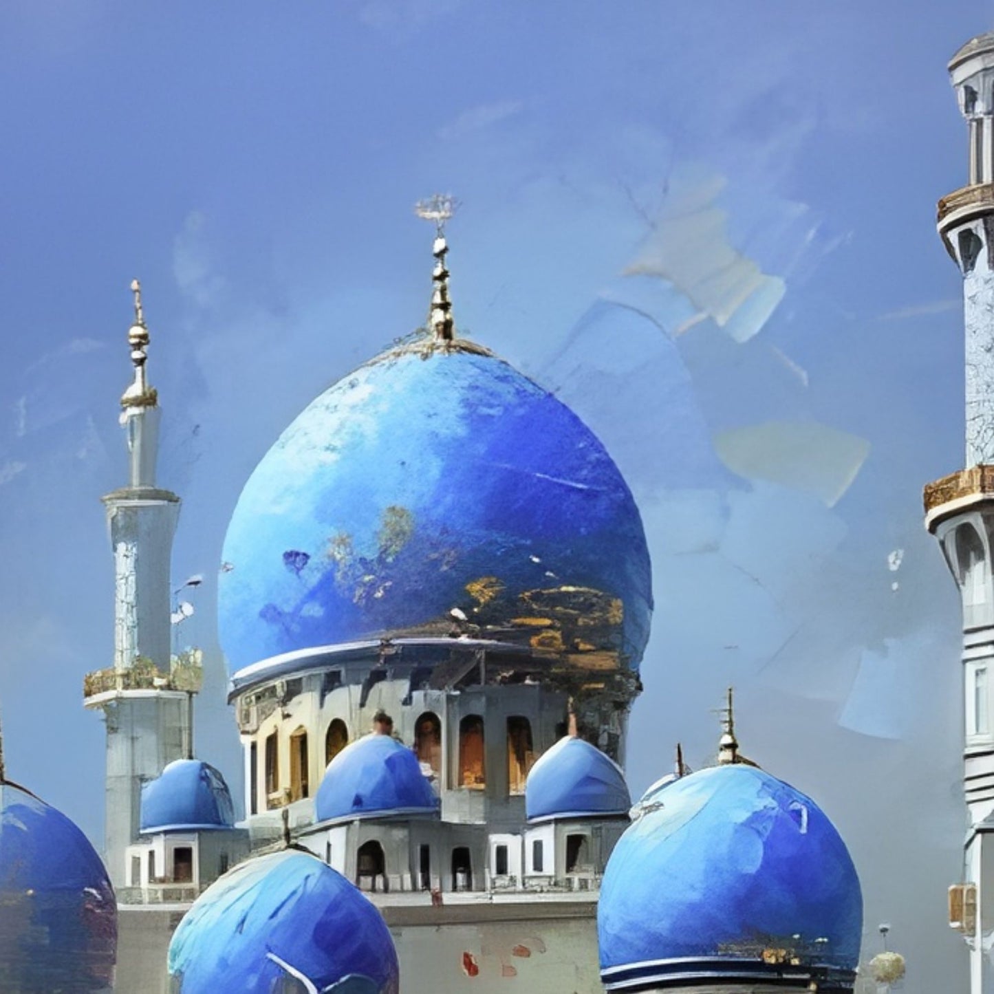 Hand-Painted Blue Dome Islamic Mosque Oil Painting on Canvas