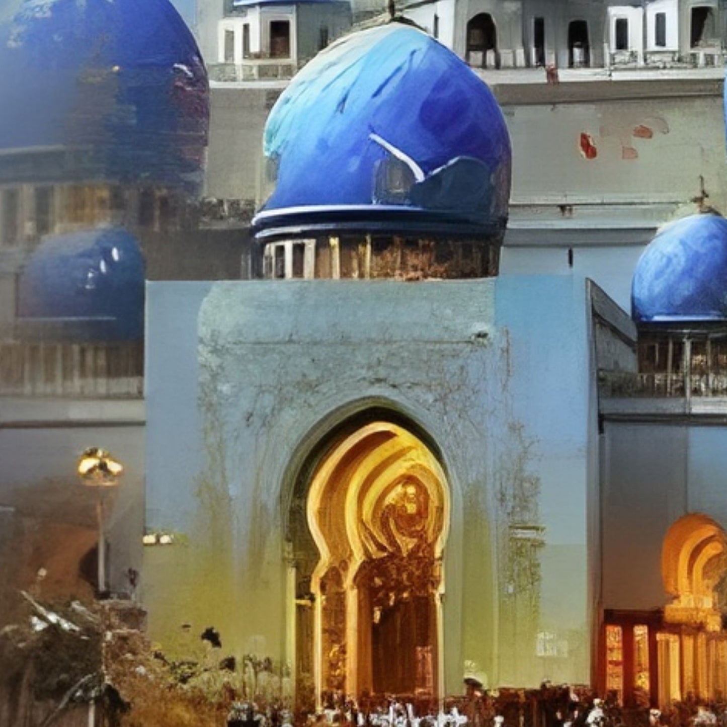 Hand-Painted Blue Dome Islamic Mosque Oil Painting on Canvas