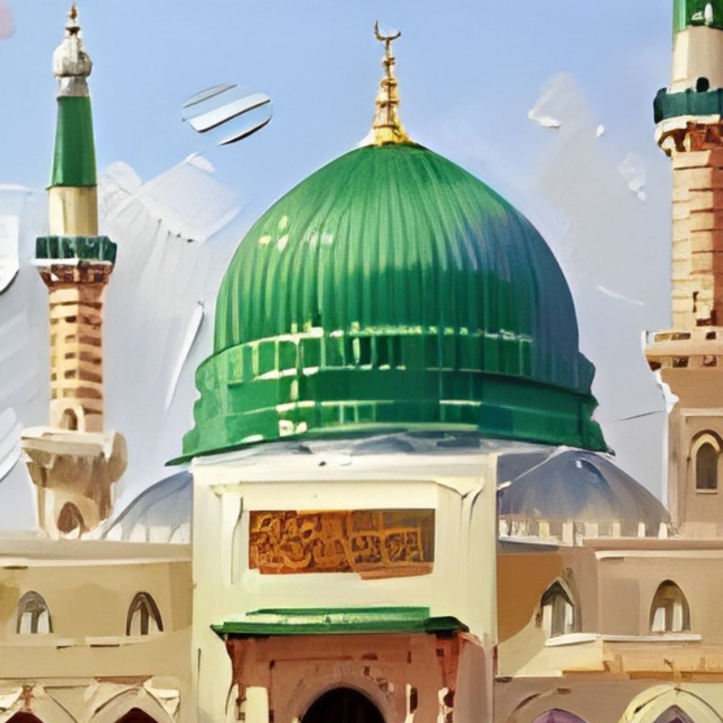 Original Hand-Painted Green Dome Islamic Mosque Wall Art