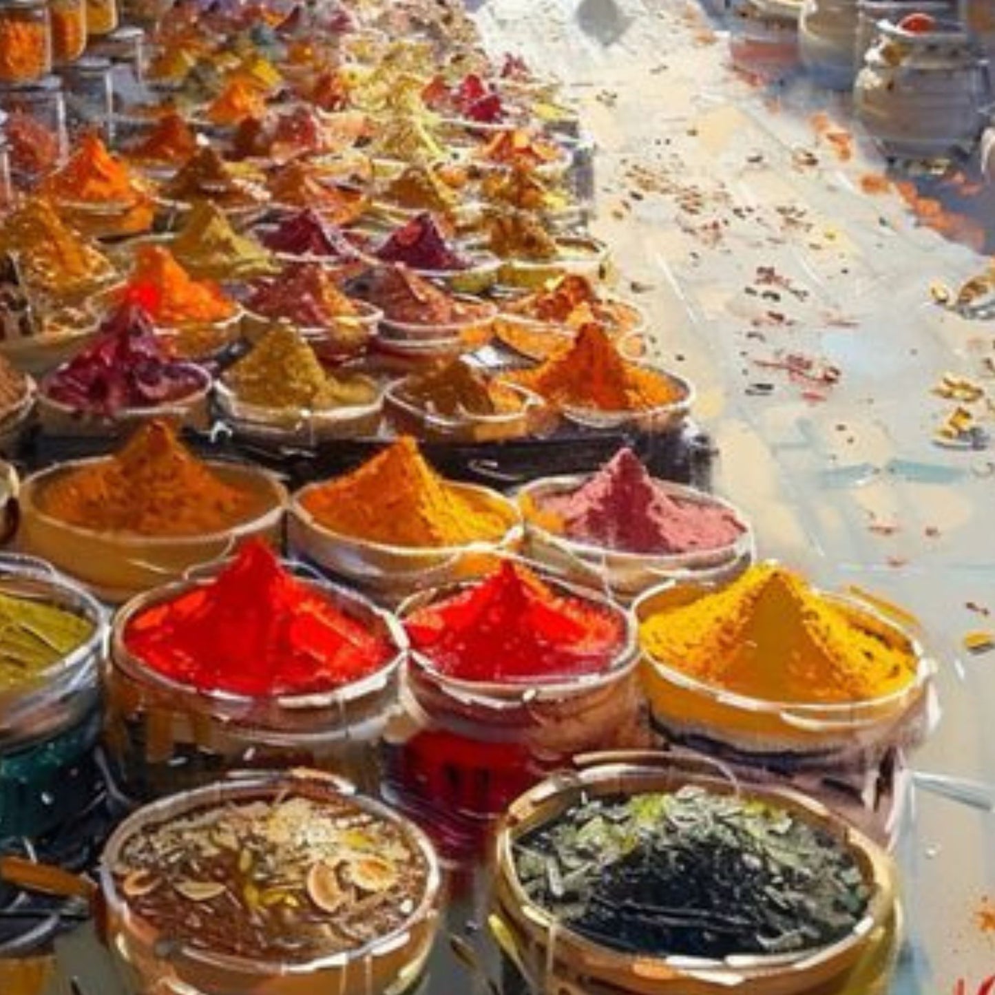 Hand-Painted Arabic Islamic Spice Market Street Scene Oil Painting on Canvas