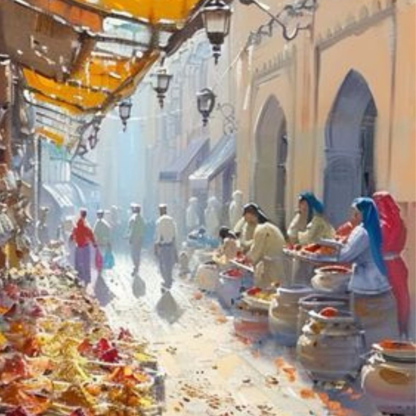 Hand-Painted Arabic Islamic Spice Market Street Scene Oil Painting on Canvas