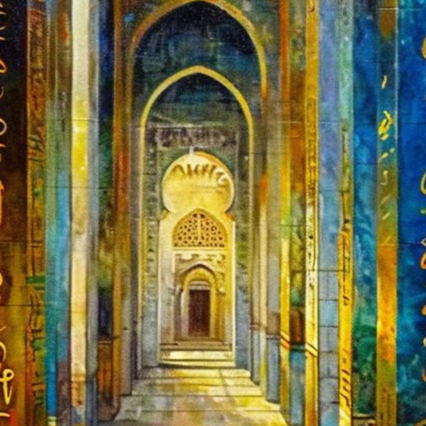Islamic Archway Corridor Hand-Painted Oil Canvas Wall Art with Arabic Calligraphy