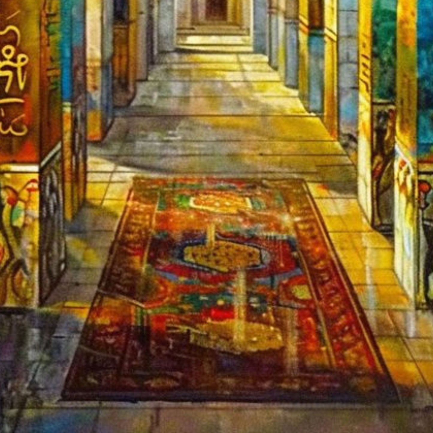 Islamic Archway Corridor Hand-Painted Oil Canvas Wall Art with Arabic Calligraphy