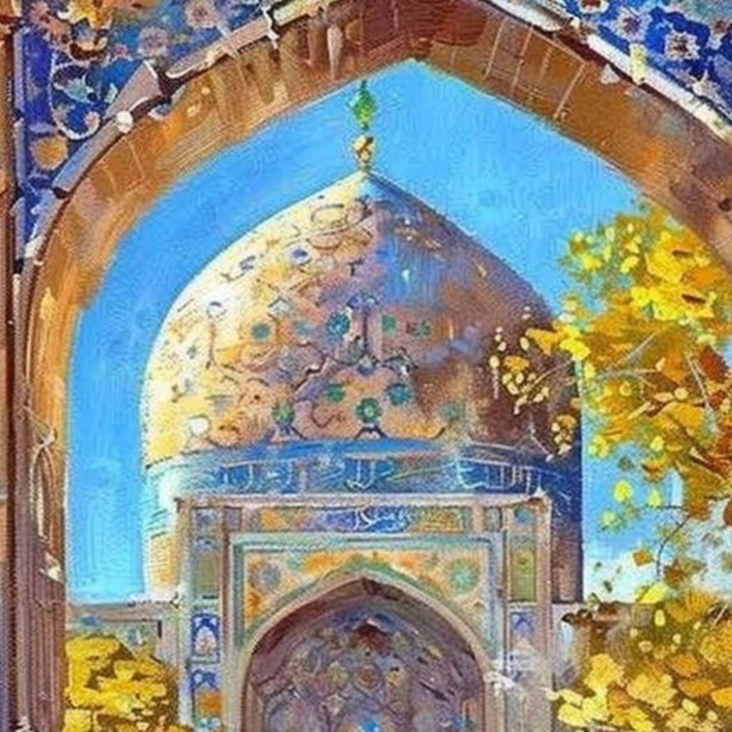 Islamic Courtyard Fountain Hand-Painted Oil Canvas Wall Art with Floral Accents
