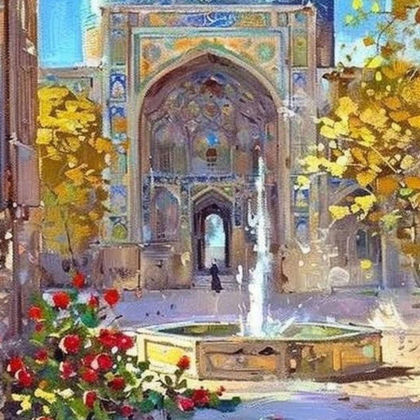 Islamic Courtyard Fountain Hand-Painted Oil Canvas Wall Art with Floral Accents