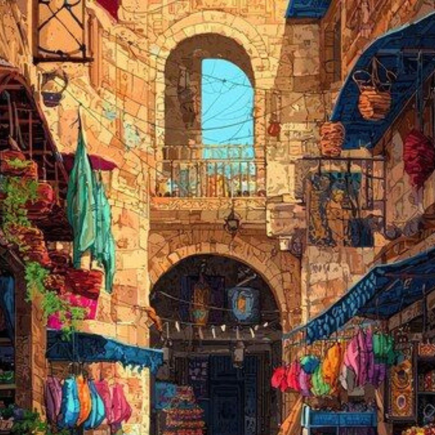 Modern Islamic Market Street Hand-Painted Middle Eastern Bazaar Canvas Wall Art