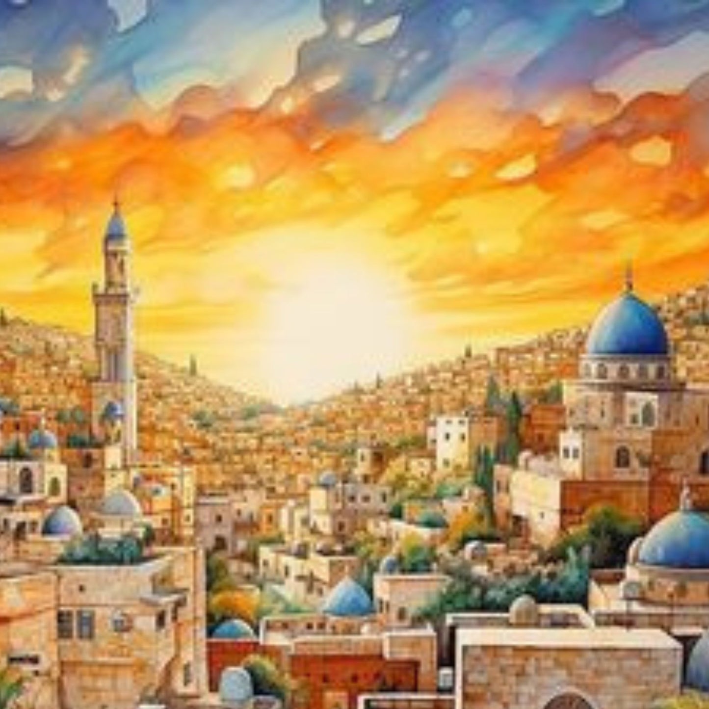 Luxury Islamic Sunset Cityscape Hand-Painted Wall Art