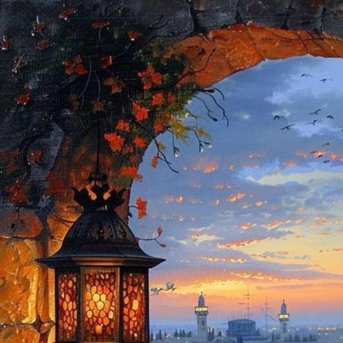 Exquisite Islamic Lantern Cityscape at Dusk Hand-Painted Wall Art