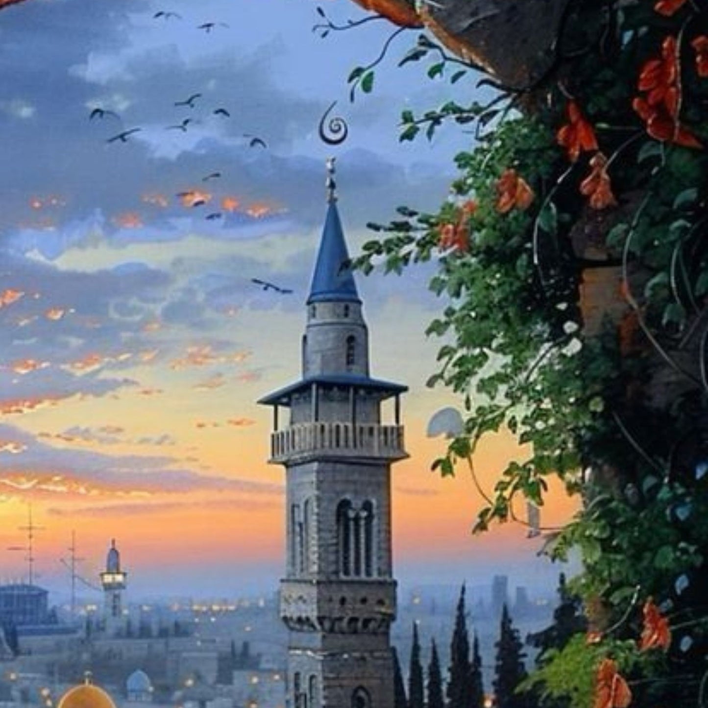 Exquisite Islamic Lantern Cityscape at Dusk Hand-Painted Wall Art