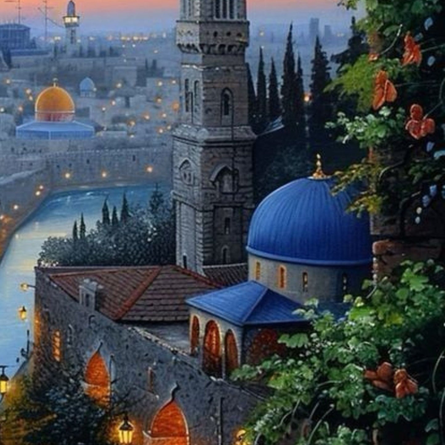Exquisite Islamic Lantern Cityscape at Dusk Hand-Painted Wall Art
