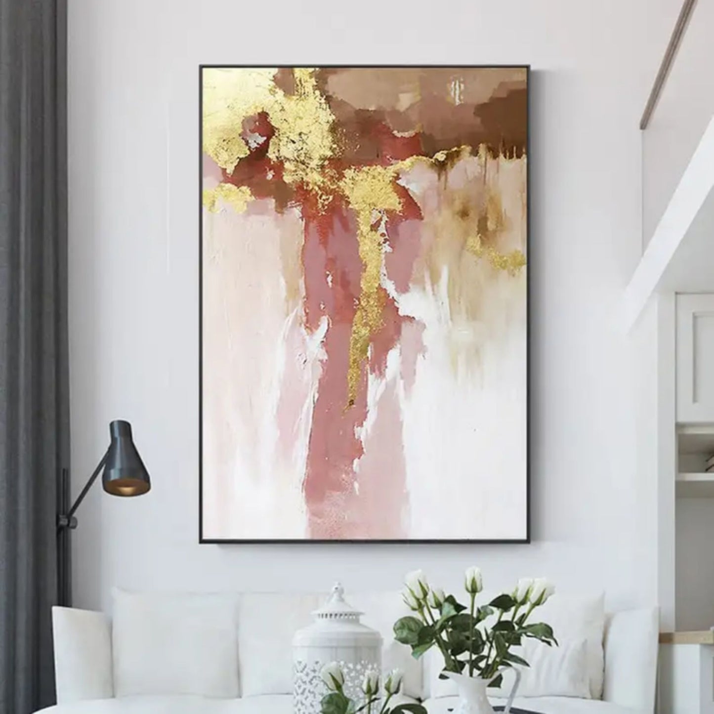 Golden Veins – Modern Abstract Blush and Gold Canvas Painting