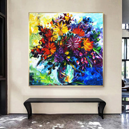 Colorful Flower Bouquet Wall Art – Hand-Painted Textured Abstract Floral Canvas