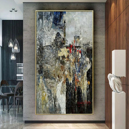 Urban Echo Abstract Wall Art – Hand-Painted Textured Grey, Blue & Gold Canvas