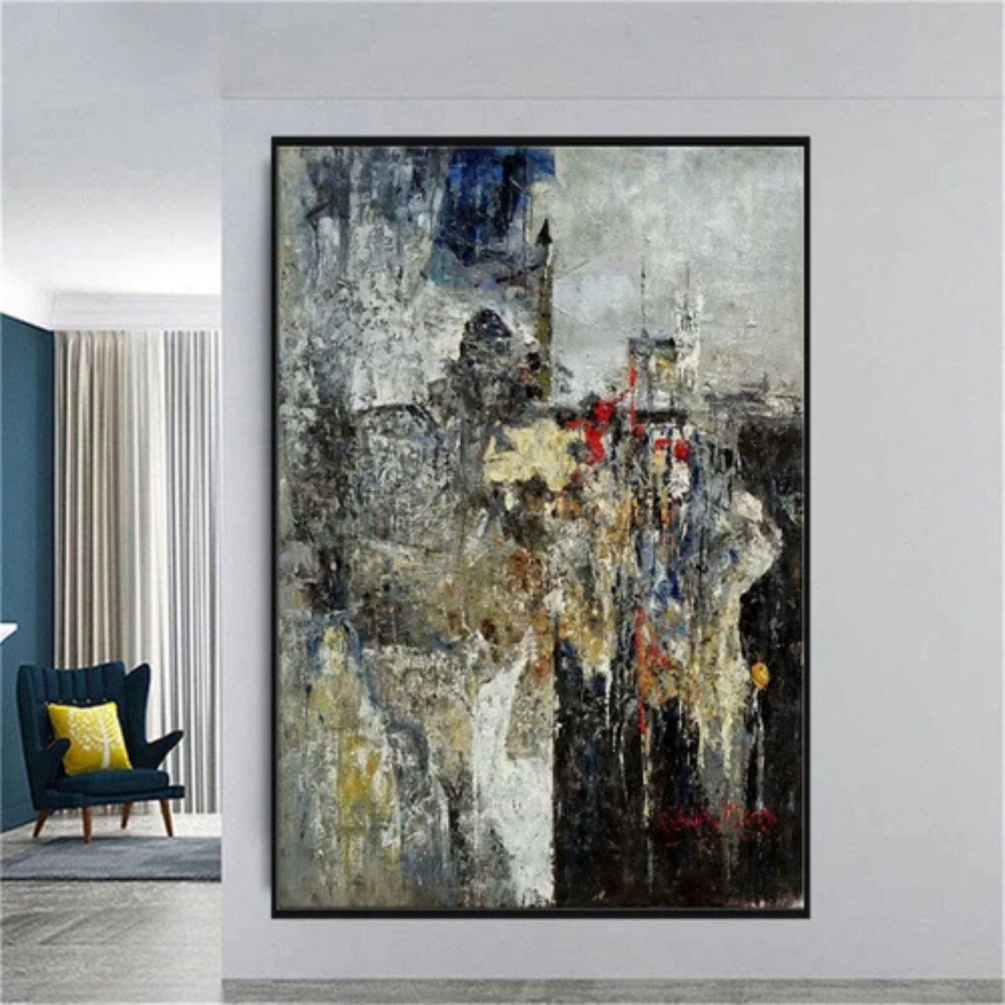 Urban Echo Abstract Wall Art – Hand-Painted Textured Grey, Blue & Gold Canvas