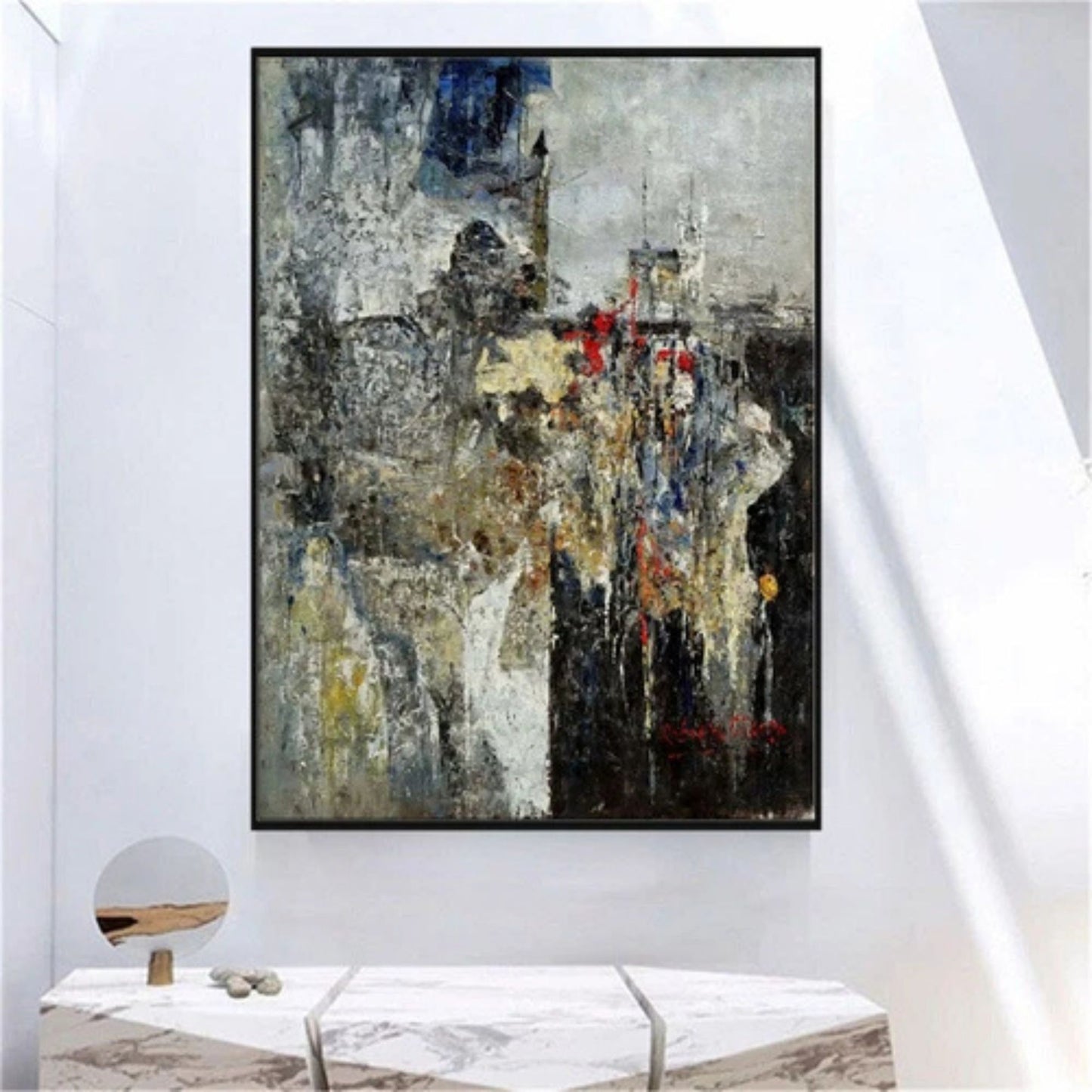 Urban Echo Abstract Wall Art – Hand-Painted Textured Grey, Blue & Gold Canvas