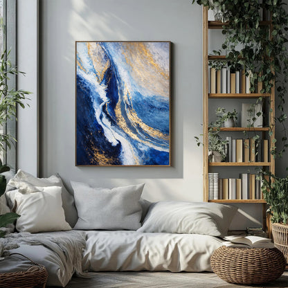 Living room with a large abstract painting, bookshelf, and plants.