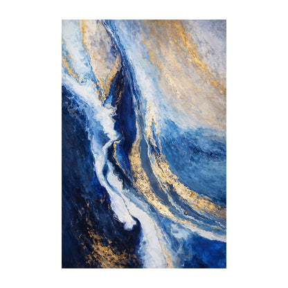 Abstract art piece with blue, gold, and white colors on a white background