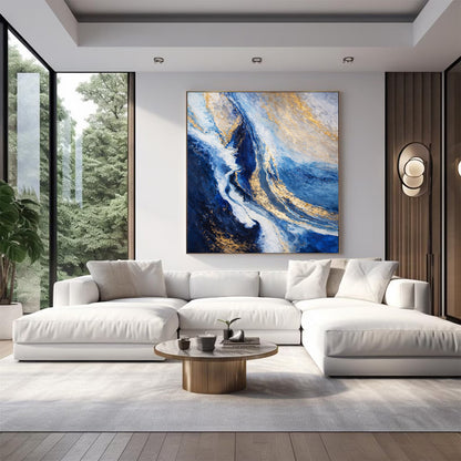 Abstract Blue and Gold Wall Art – Modern Luxury Canvas Painting