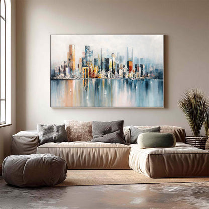 Modern City Skyline Painting – Abstract Waterfront Canvas Art