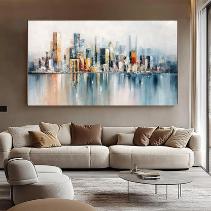 Modern City Skyline Painting – Abstract Waterfront Canvas Art