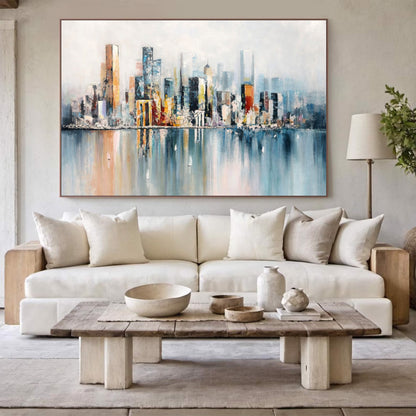 Modern City Skyline Painting – Abstract Waterfront Canvas Art