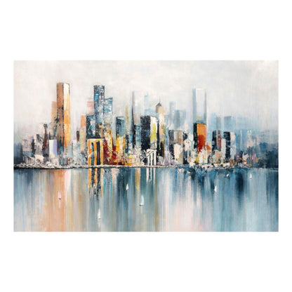 Abstract cityscape painting with tall buildings reflected in water