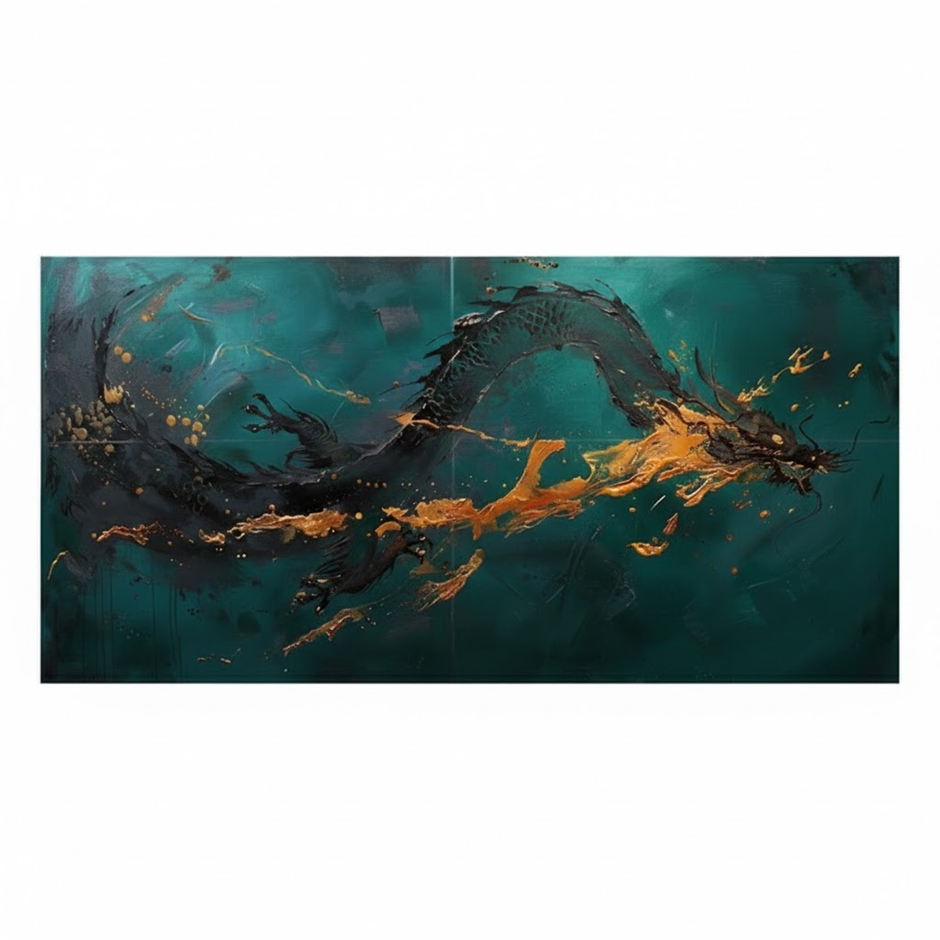 Abstract painting of a dragon with gold and black accents on a teal background