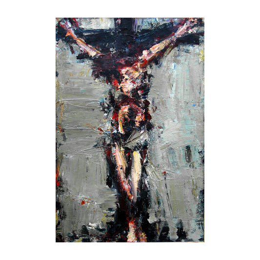 Abstract Painting of Jesus on the Cross – Grey Textured Oil Canvas
