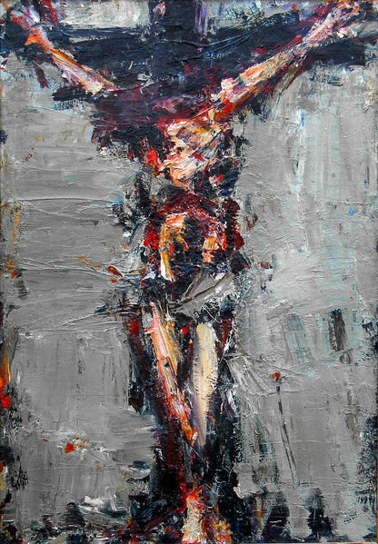 Abstract Painting of Jesus on the Cross – Grey Textured Oil Canvas