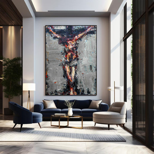 Modern living room with abstract art, furniture, and decor.