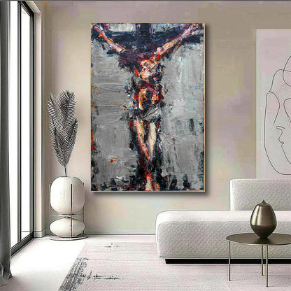 Abstract Painting of Jesus on the Cross – Grey Textured Oil Canvas