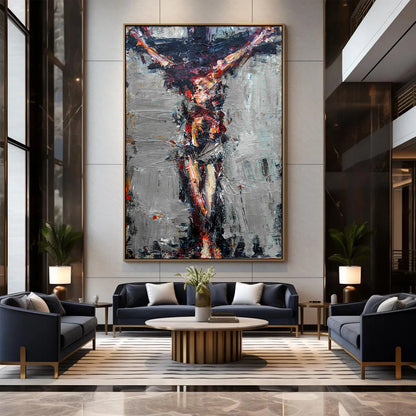 Abstract Painting of Jesus on the Cross – Grey Textured Oil Canvas