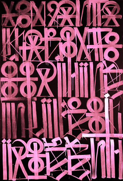 Abstract symbol artwork in pink on black background colour variant close view