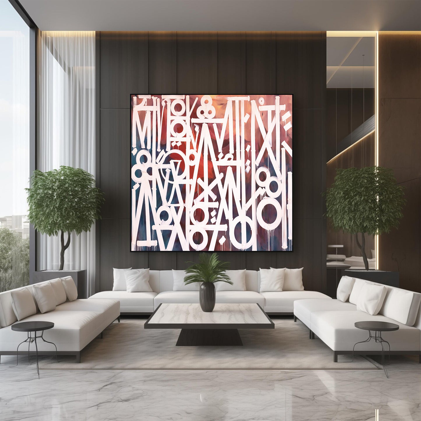 Abstract White Calligraphy Painting on Teal & Terracotta – Hand Painted Canvas Art