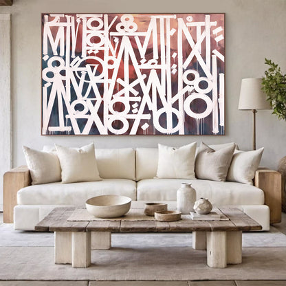 Abstract White Calligraphy Painting on Teal & Terracotta – Hand Painted Canvas Art
