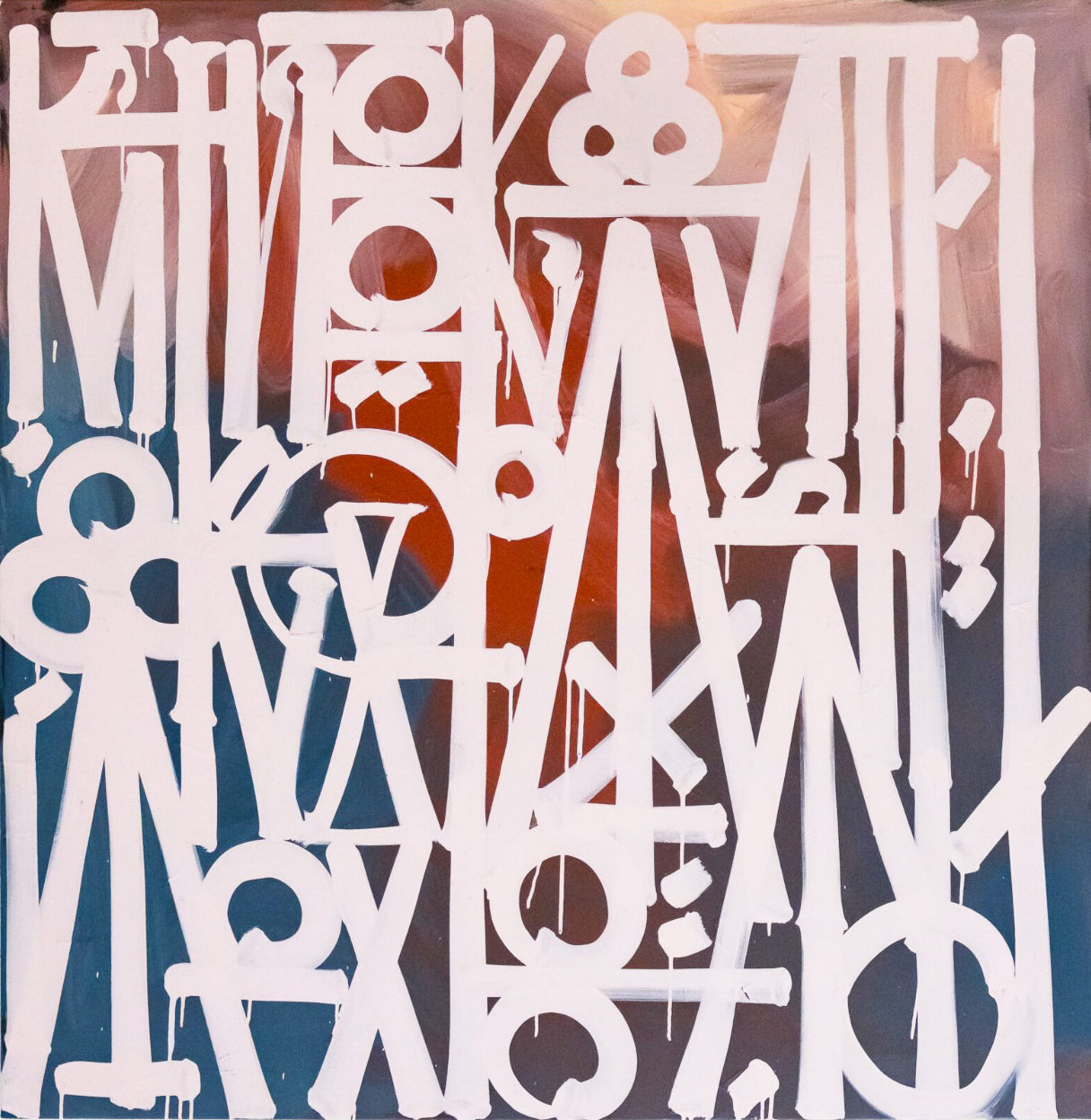 Abstract White Calligraphy Painting on Teal & Terracotta – Hand Painted Canvas Art