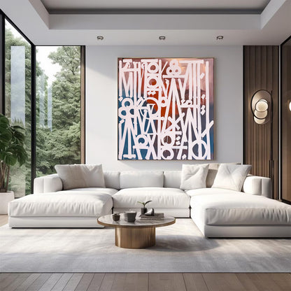 Abstract White Calligraphy Painting on Teal & Terracotta – Hand Painted Canvas Art