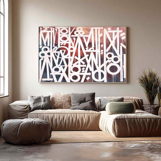 Abstract White Calligraphy Painting on Teal & Terracotta – Hand Painted Canvas Art