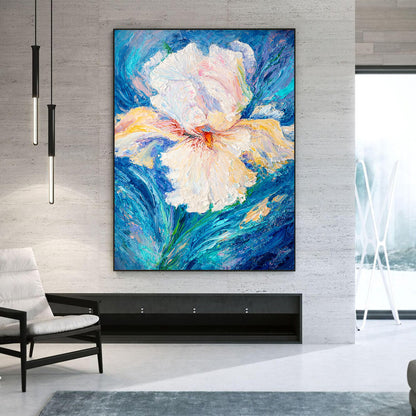Colorful abstract flower painting on a wall in a modern living room.