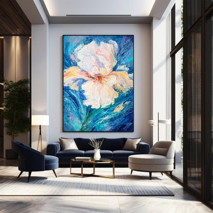 Modern living room with a large abstract floral painting on the wall.
