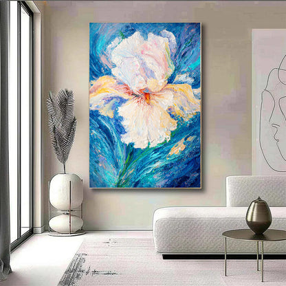 Abstract painting of a flower in a modern living room