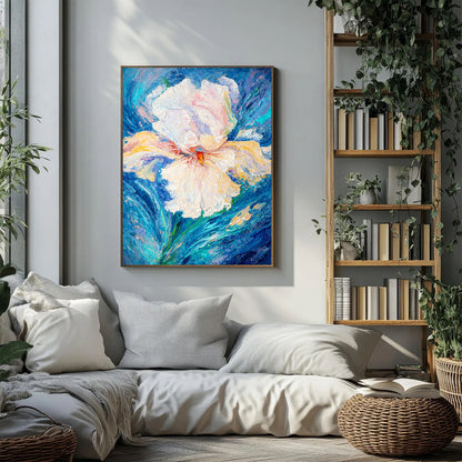 Living room with a large abstract floral painting on the wall, a bookshelf, and a sofa.