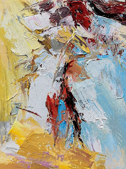 Abstract expressionist painting with thick impasto brushstrokes in yellow, white, light blue, red, brown, and black.