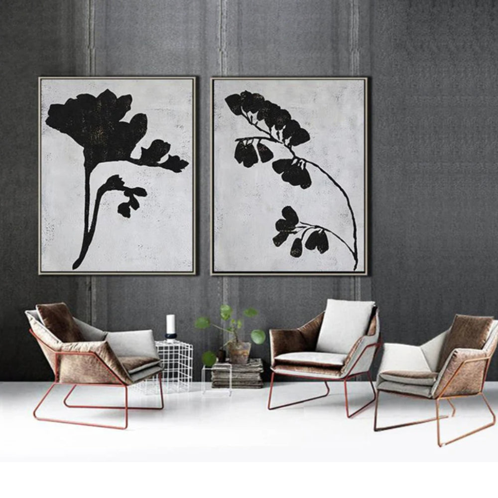  Set of 2 Black White Floral Branches Minimalist Art