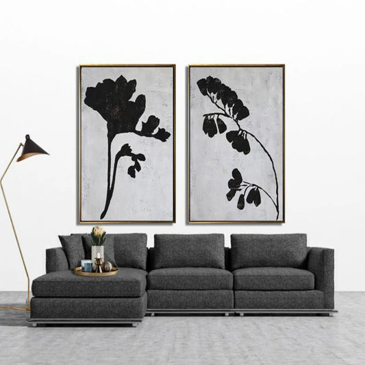  Set of 2 Black White Floral Branches Minimalist Art